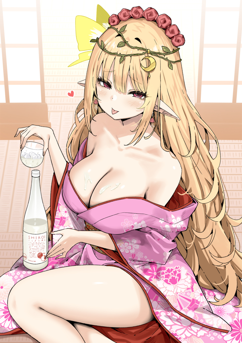 1girl :p bare_shoulders blonde_hair bottle breasts bug butterfly butterfly_hair_ornament chinese_commentary cleavage closed_mouth collarbone commentary_request crescent crescent_hair_ornament cup ear_ornament earrings elf floral_print floral_print_kimono fluid_on_breasts hair_ornament hand_up heart highres holding holding_cup indie_virtual_youtuber indoors insect japanese_clothes jewelry kimono large_breasts liv_gawea long_hair looking_at_viewer off_shoulder pink_kimono pointy_ears print_kimono red_eyes shouji sitting sky-freedom sliding_doors smile solo thighs tiara tongue tongue_out very_long_hair virtual_youtuber