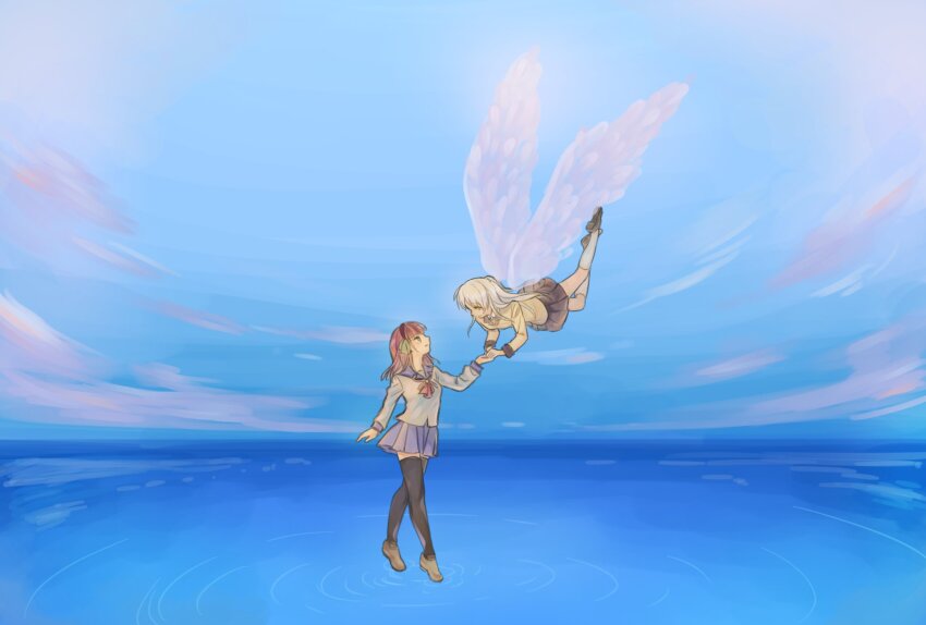 2girls angel angel_beats! angel_wings arm_at_side black_hairband black_skirt black_thighhighs blue_sailor_collar blue_skirt blue_sky blunt_bangs bow commentary_request day eye_contact flying green_bow green_eyes hair_between_eyes hair_bow hairband hashtag-only_commentary highres holding_hands jacket kneehighs long_hair long_sleeves looking_at_another may_salamanya medium_hair miniskirt multiple_girls nakamura_yuri neckerchief outdoors pink_neckerchief pleated_skirt purple_hair ripples sailor_collar school_uniform shinda_sekai_sensen_uniform shirt sidelocks skirt sky socks standing tenshi_(angel_beats!) thighhighs walking walking_on_liquid water white_hair white_shirt white_socks white_wings wide_shot wings yellow_eyes yellow_jacket zettai_ryouiki