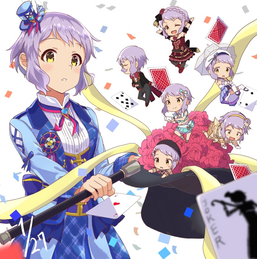 2girls absurdres ace_(playing_card) ace_of_hearts aqua_skirt arms_up black_headwear black_jacket black_pants blue_headwear blue_jacket blue_skirt blue_vest brown_jacket buttons cane card closed_eyes commentary_request confetti dated dress facial_hair flower frilled_dress frills gen_(renoir1124) hat heart highres holding holding_cane holding_unworn_clothes holding_unworn_hat idolmaster idolmaster_million_live! idolmaster_million_live!_theater_days jacket joker_(playing_card) light_blue_dress little_mizuki long_sleeves makabe_mizuki mini_hat multiple_girls multiple_persona mustache pants playing_card purple_hair red_dress red_flower red_rose rose seven_of_clubs shirt short_hair sidelocks skirt top_hat two_of_clubs unworn_hat unworn_headwear upper_body vest wavy_hair white_background white_headwear white_shirt yellow_dress