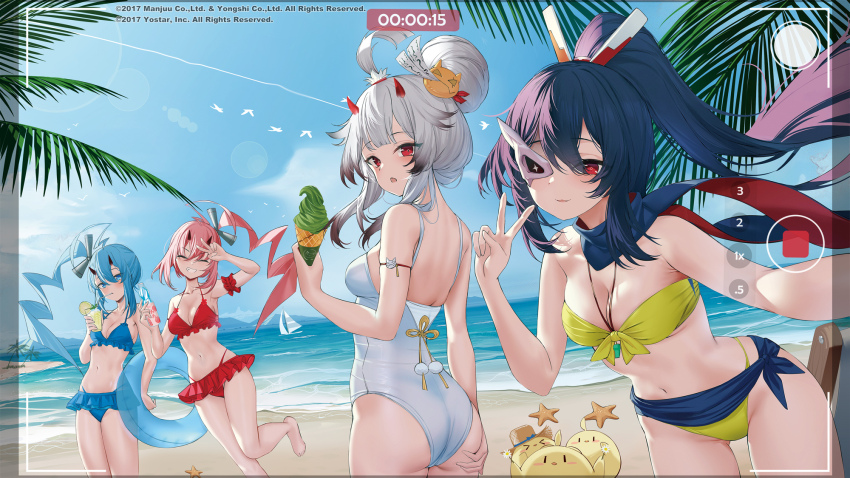 4girls akatsuki_(azur_lane) azur_lane bare_shoulders beach bikini black_hair blue_bikini blue_eyes blue_hair blue_sky breasts cleavage closed_eyes closed_mouth female_focus food hair_bun hibiki_(azur_lane) highres holding holding_food holding_ice_cream ice_cream ikazuchi_(azur_lane) inazuma_(azur_lane) long_hair looking_at_viewer manjuu_(azur_lane) medium_breasts multiple_girls navel official_art one-piece_swimsuit ootsuki_momiji open_mouth outdoors pink_hair ponytail red_bikini red_eyes sky standing standing_on_one_leg swimsuit v viewfinder white_hair