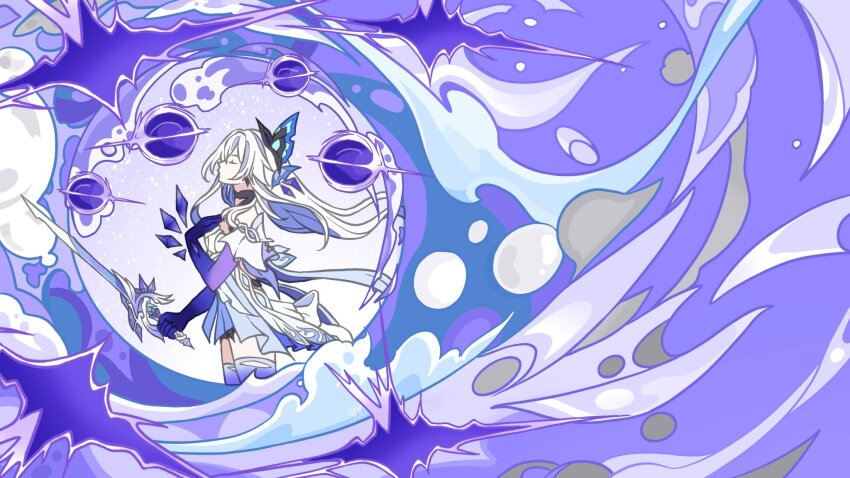 1girl azurelight_(genshin_impact) bare_shoulders breasts closed_mouth dress genshin_impact grey_hair hair_between_eyes hair_ornament highres holding holding_sword holding_weapon long_hair looking_at_viewer medium_breasts official_style purple_hands skirk_(genshin_impact) solo sword thighs very_long_hair weapon white_dress yomiyuarts