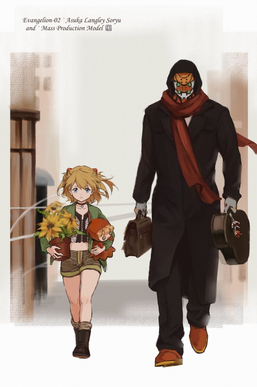 aged_down alley alternate_hair_length alternate_hairstyle angel_(evangelion) artist_name bag_charm black_choker black_coat black_pants black_trim blue_hair boots border briefcase brown_bag brown_footwear brown_socks building carrying carrying_under_arm character_name charm_(object) choker city coat commentary copyright_name cosplay crop_top cross cross_choker doll english_text eva_02 floating_hair floating_neckwear floating_scarf flower flower_pot fudao_yuanzai green_jacket grey_shorts guitar_case height_difference highres holding holding_doll holding_flower_pot hood hood_up instrument_case interface_headset_(evangelion) israfel_(evangelion) jacket lace-up_top leon_(leon_the_professional) leon_(leon_the_professional)_(cosplay) leon_the_professional loose_socks mathilda_lando mathilda_lando_(cosplay) messy_hair midriff navel neon_genesis_evangelion open_clothes open_jacket outside_border pants parody pendant_choker personification plant potted_plant red_hair red_scarf robot scarf scene_reference shirt shoes short_hair short_shorts shorts side-by-side signature socks souryuu_asuka_langley striped_clothes striped_shorts sunflower trench_coat two_side_up walking white_background white_border white_shirt