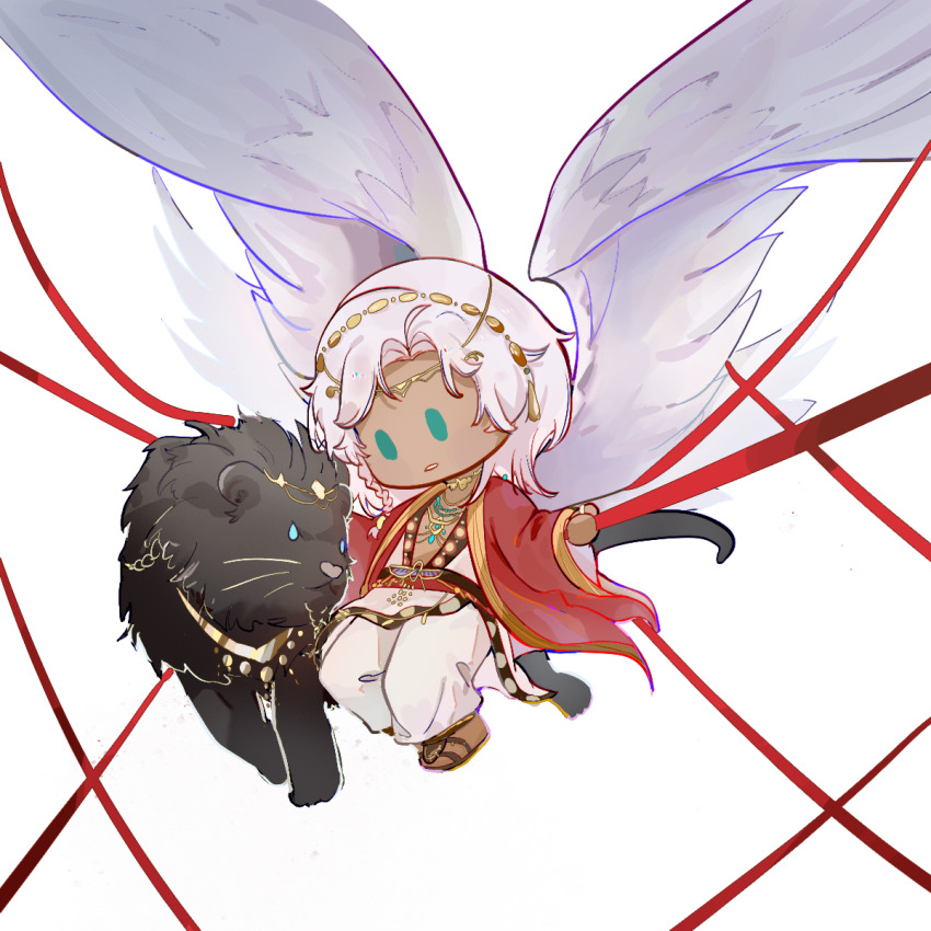 1boy aqua_eyes baiguigelierwan black_sash chibi chibi_only coat curtained_hair dark-skinned_male dark_skin feathered_wings full_body gold_necklace head_chain highres holding holding_ribbon jewelry lars_rorschach lion long_hair looking_at_animal lovebrush_chronicles male_focus necklace nil_lars open_clothes open_coat pants parted_bangs parted_lips red_coat red_ribbon ribbon sandals sash simple_background solid_oval_eyes solo tunic white_background white_hair white_pants white_tunic white_wings wide_sleeves wings