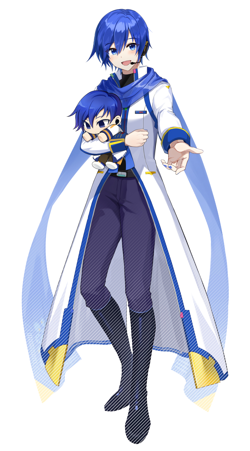 1boy absurdres belt black_belt black_boots blue_eyes blue_hair blue_nails blue_pants blue_scarf boots character_doll coat commentary doll hair_between_eyes headset highres holding holding_stuffed_toy kaito_(vocaloid) kaito_(vocaloid3) knee_boots long_sleeves looking_at_viewer maima_(rrs_0222) male_focus nail_polish open_mouth pants reaching reaching_towards_viewer scarf short_hair simple_background smile solo stuffed_toy vocaloid white_background white_coat