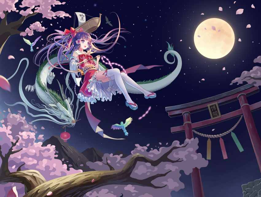 1girl :d alternate_hair_color animal arm_ribbon ascot bare_shoulders bird bloomers blunt_bangs boat bow brown_eyes brown_hair cherry_blossoms chinese_lantern collarbone collared_shirt crop_top detached_sleeves dragon eastern_dragon female_focus floating forest frilled_bow frilled_skirt frills full_body gohei hair_bow hair_ornament hair_tubes hakurei_reimu highres holding lantern long_hair looking_away midair midriff moon mouth_hold nature navel night night_sky nontraditional_miko open_mouth palanquin_ship petals plate red_ribbon red_shirt red_skirt ribbon ribbon-trimmed_bloomers ribbon-trimmed_legwear ribbon-trimmed_sleeves ribbon_trim rope sandals shimenawa shirt sidelocks skirt skirt_set sky sleeveless sleeveless_shirt smile solo star_(sky) starry_sky tassel thighhighs torii touhou tree underwear watercraft white_thighhighs wide_sleeves william_sion yellow_ascot