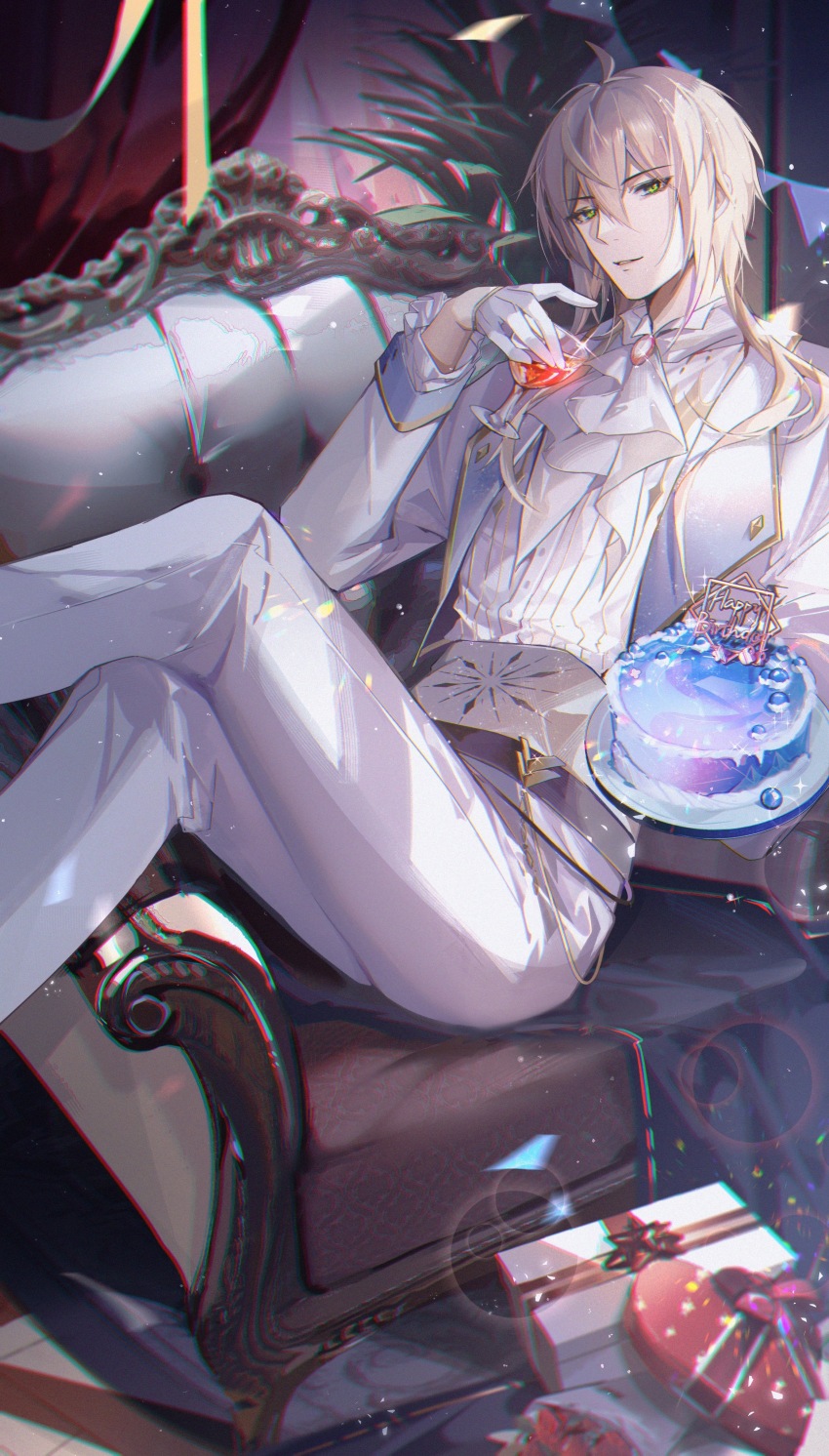 1boy absurdres ahoge armchair ascot birthday_cake blonde_hair bouquet box brooch cake chair confetti cropped_jacket crossed_legs cummerbund cup curtains dress_shirt drink drinking_glass feet_out_of_frame flower food lovebrush_chronicles formal_clothes frilled_sleeves frills gift gift_box gloves gold_trim green_eyes hair_between_eyes half_gloves happy_birthday heart-shaped_box highres holding holding_cup holding_plate indoors jewelry jiuchuansi lapels long_sleeves looking_at_viewer alkaid_mcgrath male_focus medium_hair pants parted_lips pinstripe_pattern pinstripe_shirt plant plate reclining red_flower red_rose rose rug shirt sitting_sideways sleeve_cuffs solo string_of_flags striped suit white_ascot white_gloves white_pants white_shirt white_suit