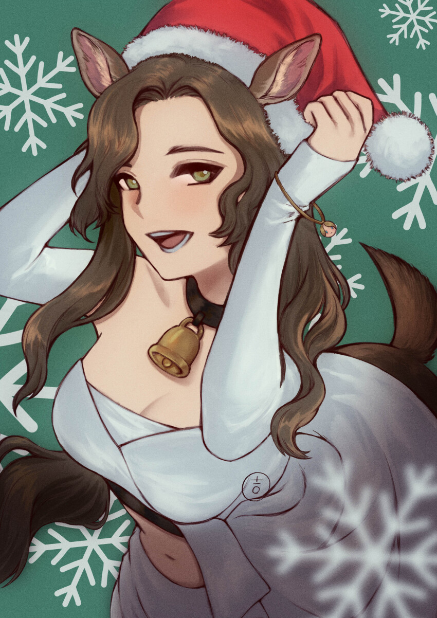 1girl absurdres animal_ears arms_up bell blurry blurry_foreground breasts brown_hair centauroid cleavage deer_ears deer_girl deer_tail green_background green_eyes hand_on_headwear hands_up hat highres jessica_(reverse:1999) long_hair looking_at_viewer midriff navel neck_bell open_mouth red_hat reverse:1999 rifaen santa_hat shirt sleeves_past_wrists snowflake_background solo tail taur teeth upper_body white_shirt
