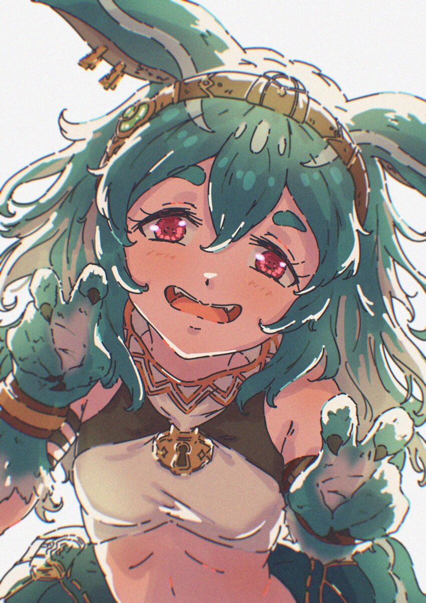 1girl animal_ears animal_hands atelier_(series) atelier_yumia blue_hair brown_hairband claws fangs gerat0228 grey_background hairband highres lenja long_hair midriff navel open_mouth purple_eyes simple_background smile