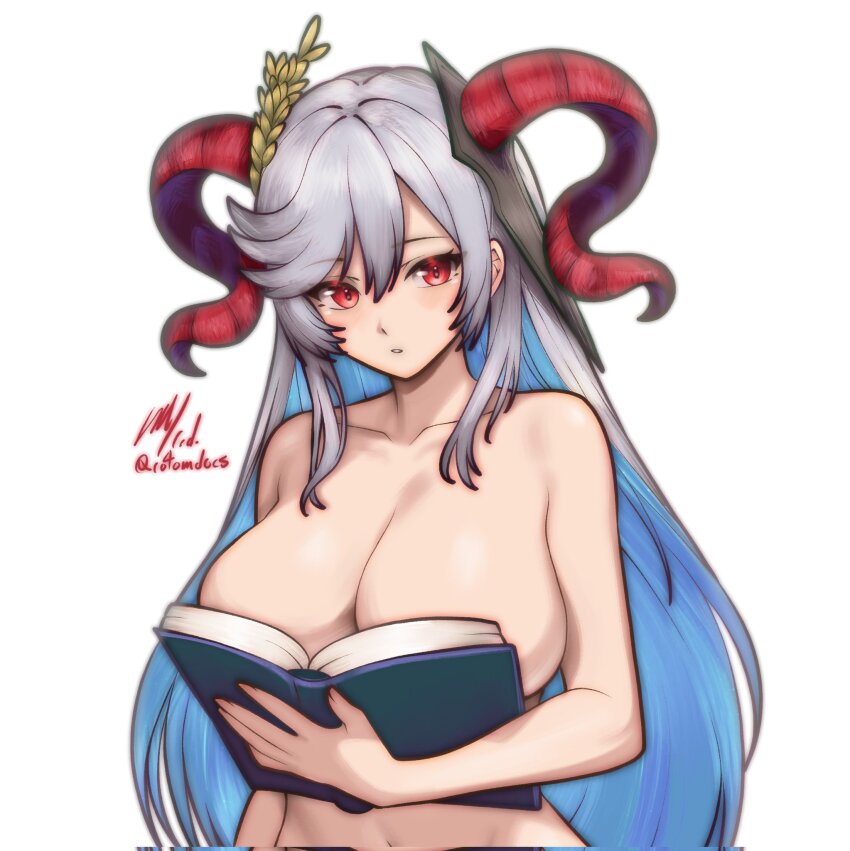 1girl bare_shoulders boobs_in_book_(meme) book breasts cleavage collarbone commentary corrupted_twitter_file english_commentary fire_emblem fire_emblem_heroes freyja_(fire_emblem) goat_horns grey_hair hair_between_eyes highres holding holding_book horns large_breasts long_hair meme nintendo open_book parted_lips red_eyes rotomdocs solo topless_female very_long_hair white_background