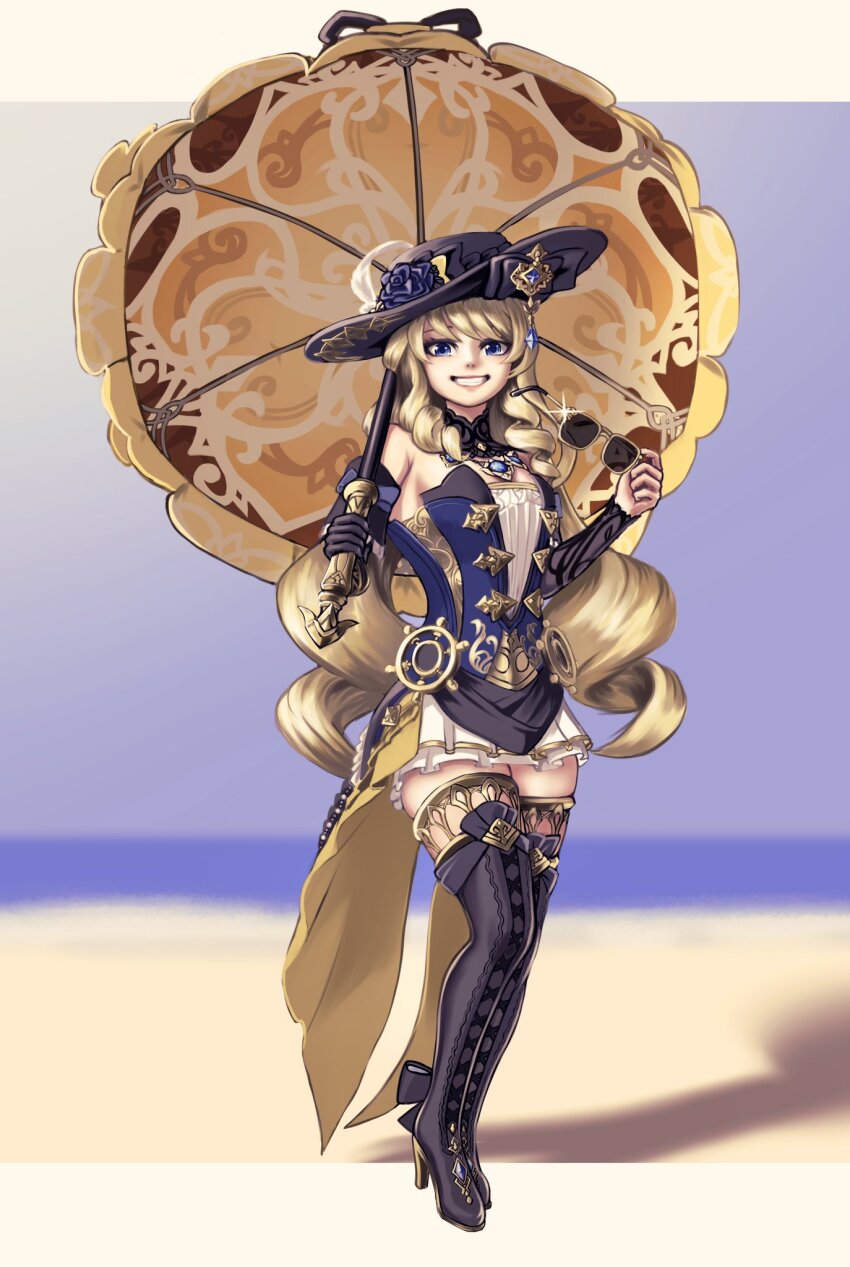 1girl black_boots black_gloves blonde_hair blue_corset blue_eyes blue_flower boots corset detached_sleeves drill_hair drill_sidelocks flower full_body genshin_impact glint gloves hat hat_flower high_heel_boots high_heels highres holding holding_removed_eyewear holding_umbrella long_hair looking_at_viewer navia_(genshin_impact) parted_lips shadow sidelocks single_glove skirt smile standing sumakun sunglasses thigh_boots umbrella unworn_eyewear very_long_hair white_skirt