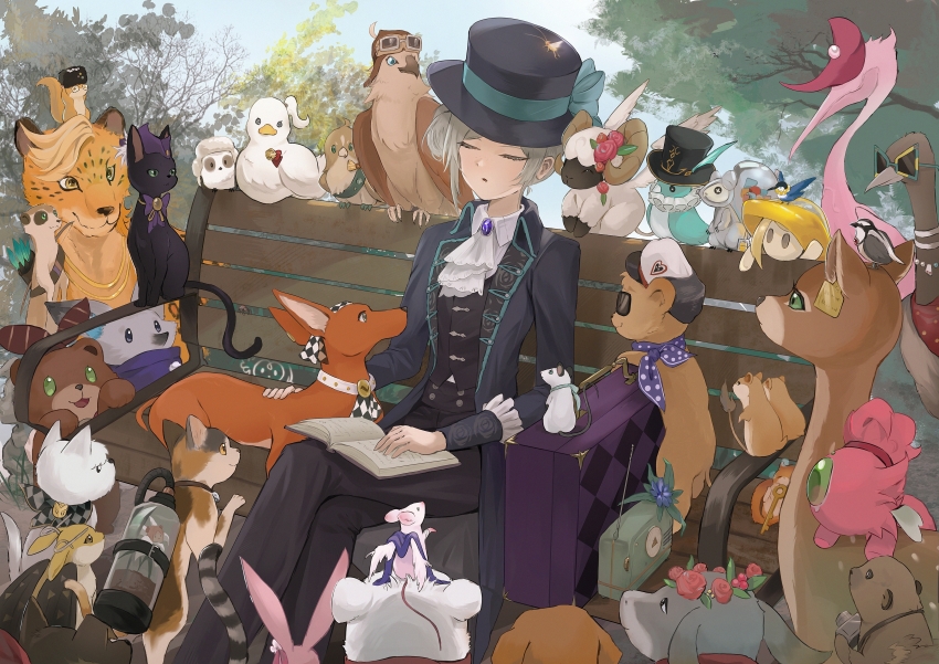 1girl absurdres an-an_lee animal animalization ascot baby_blue balloon_animal balloon_party bear bench bird bkornblume black_cat black_coat black_hat black_pants blonney blue_bow boater_hat book book_on_lap bow bunny_bunny_(reverse:1999) calico cat centurion_(reverse:1999) charlie_(reverse:1999) click_(reverse:1999) closed_eyes coat collared_shirt cristallo crossed_legs deer desert_flannel dog donkey druvis_iii duck eagle eagle_(reverse:1999) emu erick_(reverse:1999) ezra_theodore feet_out_of_frame fennec_fox flying_squirrel grey_hair greyhound hair_bun hand_on_animal hat hat_bow highres horropedia jessica_(reverse:1999) la_source_(reverse:1999) leilani_(reverse:1999) leopard lilya_(reverse:1999) lion_cub marmot matilda_bouanich medicine_pocket meerkat melania_(reverse:1999) mondlicht_(reverse:1999) mouse_(animal) ms._newbabel ms._radio nick_bottom_(reverse:1999) on_bench open_book outdoors pants park_bench pickles_(reverse:1999) pingfan_de_mao rabbit radio regulus_(reverse:1999) reverse:1999 satsuki_(reverse:1999) sheep shirt single_side_bun sitting solo sonetto_(reverse:1999) sotheby spathodea_(reverse:1999) squirrel statue suitcase sunglasses sweetheart_(reverse:1999) tit_(bird) tooth_fairy_(reverse:1999) tree twins_sleep vertin_(reverse:1999) white_ascot white_shirt x_(reverse:1999) zima_(reverse:1999)