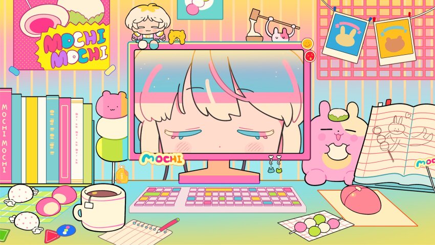 1girl blue_hair book closed_eyes computer computer_keyboard computer_mouse cup dango dolman_(dm) food hatsune_miku highres mochimochi_(vocaloid) monitor mousepad_(object) mug multicolored_hair notepad pencil polaroid_photo sanshoku_dango solo sticker tea teabag two-tone_hair vocaloid wagashi wireless_mouse