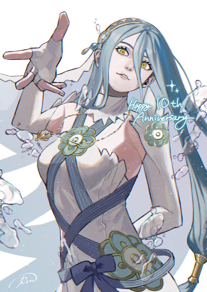 1girl anniversary azura_(fire_emblem) blue_hair breasts collar dress elbow_gloves fingerless_gloves fire_emblem fire_emblem_fates gloves hair_between_eyes highres jewelry long_hair medium_breasts nintendo runteya sign simple_background solo upper_body veil water white_background white_gloves yellow_eyes