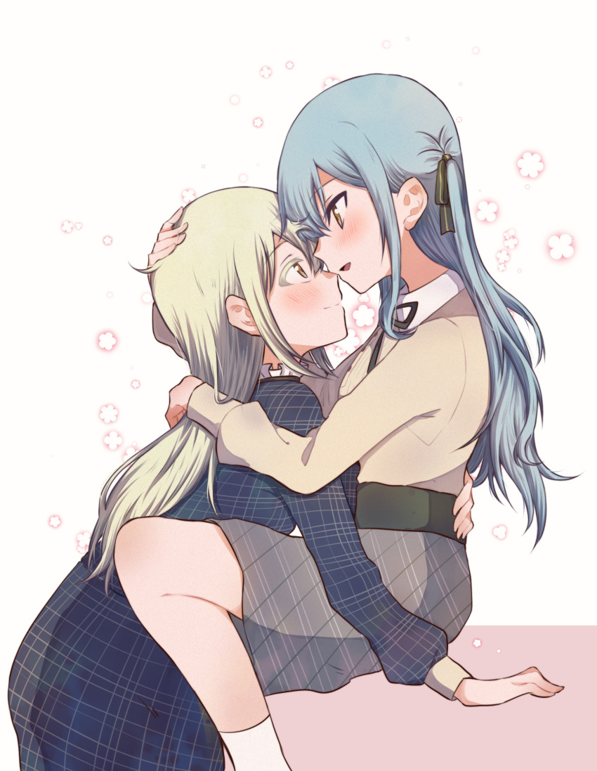 2girls bang_dream! bang_dream!_it&#039;s_mygo!!!!! between_legs black_ribbon blonde_hair blue_dress blue_hair commentary_request dress eye_contact grey_skirt hair_ribbon hand_on_another&#039;s_waist highres hug long_hair long_sleeves looking_at_another multiple_girls nago_(hasakimati) pink_background plaid_clothes plaid_dress plaid_skirt ribbon shirt skirt socks togawa_sakiko two-tone_background two_side_up wakaba_mutsumi white_background white_socks yellow_eyes yellow_shirt yuri