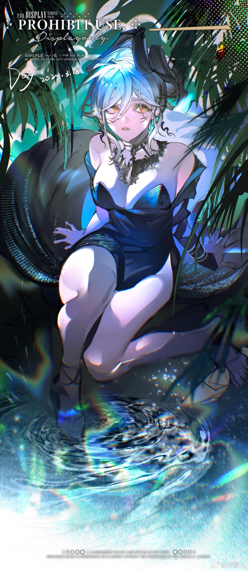 1girl absurdres arm_support artist_name baibanr bare_shoulders blue_dress breasts cleavage dated dress eternity_(reverse:1999) full_body hair_between_eyes highres jewelry large_breasts looking_at_viewer necklace off-shoulder_dress off_shoulder parted_lips plant reverse:1999 short_dress short_hair side_slit signature single_bare_foot sitting soaking_feet solo water watermark weibo_watermark white_hair yellow_eyes