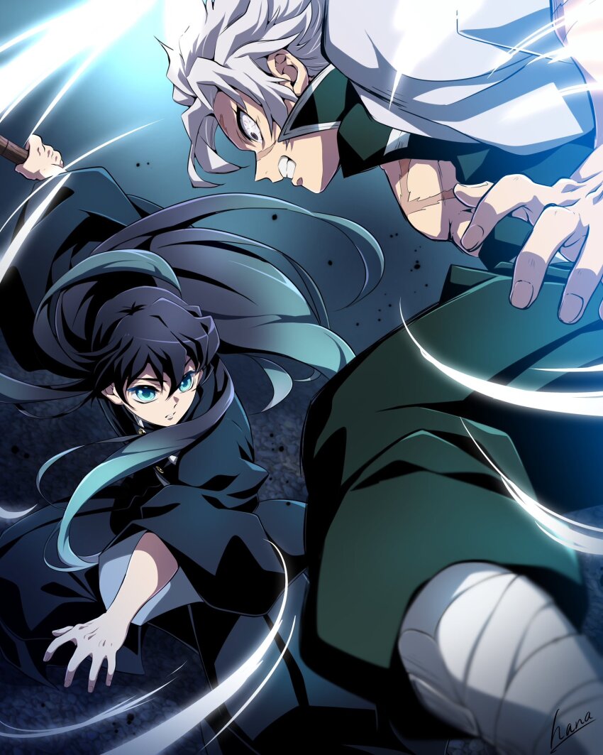 2boys aqua_eyes aqua_hair black_hair black_hakama bokken closed_mouth dark_background demon_slayer_uniform gradient_background green_hakama hakama hakama_pants hana_ni_nare haori highres holding holding_sword holding_weapon japanese_clothes kimetsu_no_yaiba long_hair looking_at_another male_focus multicolored_hair multiple_boys pants parted_lips scar scar_on_chest scar_on_face signature simple_background sword tokitou_muichirou toned toned_male training weapon white_hair white_haori wooden_sword