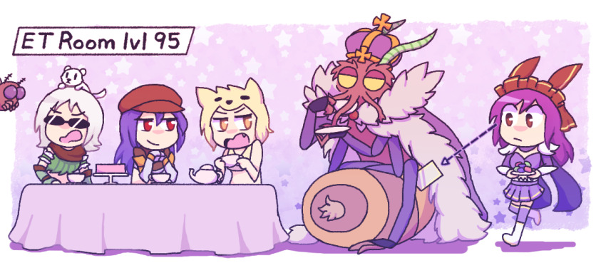 4girls armor bee beelzebub_(ragnarok_online) blckbrd17 blonde_hair brown_hat bug newsboy_cap card chibi chibi_only closed_mouth commentary cup english_commentary fang food fox_hat full_body gauntlets genetic_(ragnarok_online) grey_hair guillotine_cross_(ragnarok_online) hat headdress holding holding_cup hunter_fly insect long_hair looking_at_another macaron miniskirt moonlight_flower multiple_girls open_mouth pauldrons purple_shirt purple_skirt ragnarok_online ranger_(ragnarok_online) shirt short_hair shoulder_armor skirt smile sunglasses table teacup teapot yellow_eyes