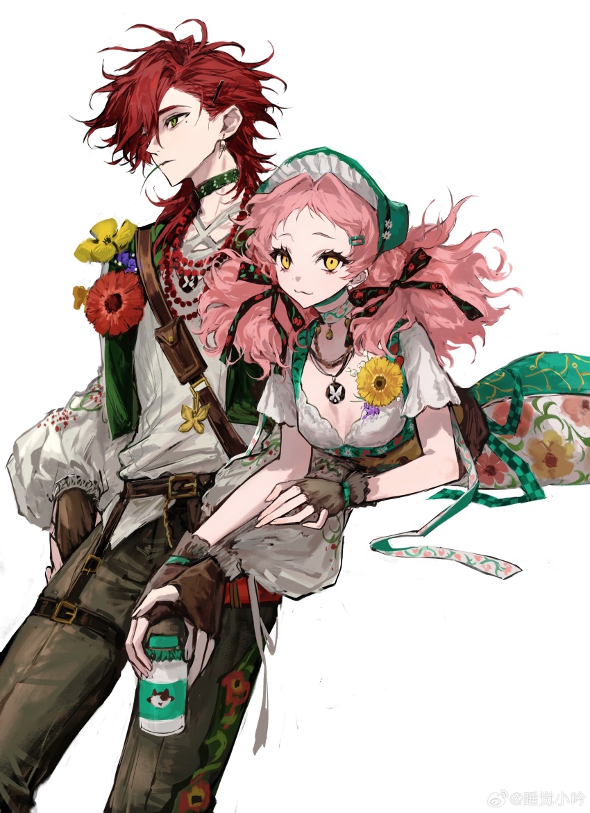 1boy 1girl :3 absurdres belt belt_buckle black_bow black_gloves bottle bow breasts brooch brown_belt brown_corset brown_pants buckle chest_belt chinese_commentary choker cleavage closed_mouth collarbone commentary_request corset cowboy_shot drink earrings expressionless eyelashes fingerless_gloves floral_print flower flower_brooch frilled_headwear gloves green_bonnet green_choker green_skirt green_vest hair_bow hair_ornament hair_over_one_eye hairclip hand_on_own_hip highres holding holding_drink jewelry long_hair low_twintails lying milk_bottle mouth_hold necklace on_stomach open_clothes open_vest original pants pink_hair red_hair sharing shirt short_sleeves simple_background skirt smile stalk_in_mouth standing sunflower twintails two-tone_skirt vest waist_ribbon watermark weibo_watermark white_background white_shirt white_skirt yellow_eyes yellow_flower zi_yin