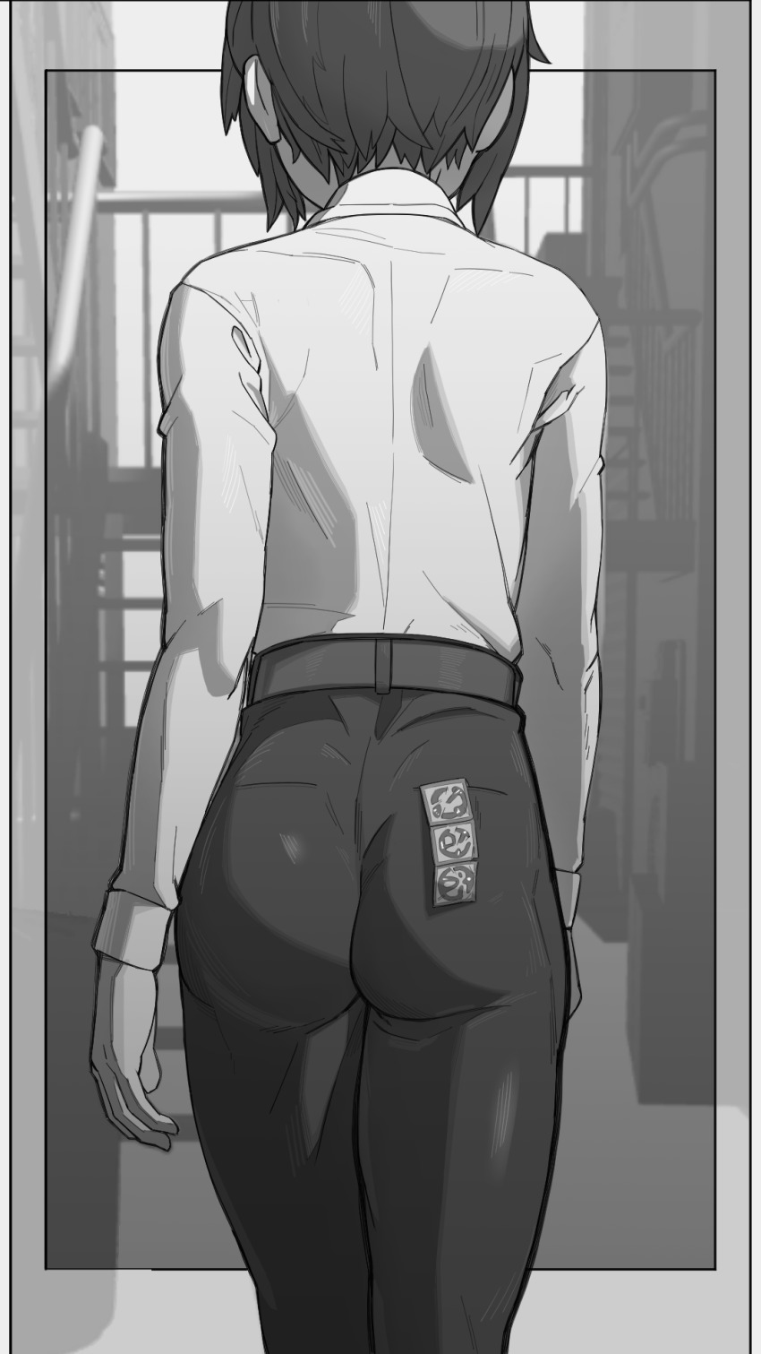 1girl ass belt commission condom condom_packet_strip condom_wrapper facing_away from_behind greyscale highres hutamaru kino_(kino_no_tabi) kino_no_tabi monochrome pants short_hair solo walking