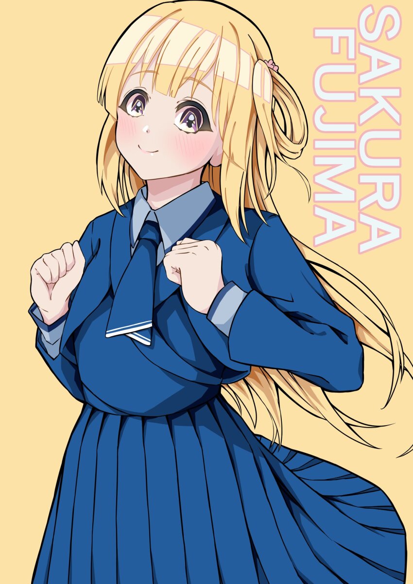 1girl 22/7 blonde_hair blue_dress blue_necktie blush boku_ga_motteru_mono_nara character_name clenched_hands closed_mouth cowboy_shot dress fujima_sakura hair_rings highres lionmaru0808 long_hair long_sleeves looking_at_viewer necktie one_side_up pleated_dress purple_eyes simple_background single_hair_ring smile solo standing yellow_background