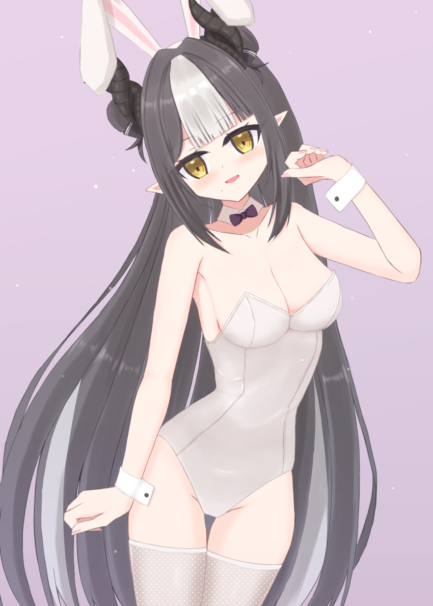 1girl absurdres animal_ears black_bow black_bowtie black_hair black_ribbon blush bow bowtie breasts cleavage collarbone demon_girl demon_horns detached_collar double_bun fake_animal_ears grey_thighhighs hair_bun hair_ribbon highres horns indie_virtual_youtuber leotard long_hair looking_at_viewer medium_breasts mole mole_under_mouth multicolored_hair open_mouth playboy_bunny pointy_ears polka_dot_thighhighs purple_background rabbit_ears ribbon shooko smile standing sterna_celest thighhighs two-tone_hair virtual_youtuber white_hair white_leotard wrist_cuffs yellow_eyes