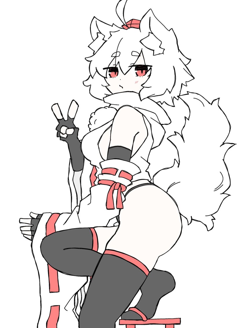 1girl ahoge animal_ears bare_shoulders black_panties black_thighhighs breasts commentary_request detached_sleeves elbow_gloves fingerless_gloves fumomono geta gloves hat highres inubashiri_momiji jitome long_sleeves looking_at_viewer medium_breasts panties pom_pom_(clothes) red_eyes red_hat red_ribbon red_sandals ribbon ribbon-trimmed_sleeves ribbon_trim sandals shirt simple_background solo tail thick_eyebrows thighhighs tokin_hat touhou turtleneck underwear white_background white_hair white_shirt white_sleeves white_thighhighs wide_sleeves wolf_ears wolf_tail
