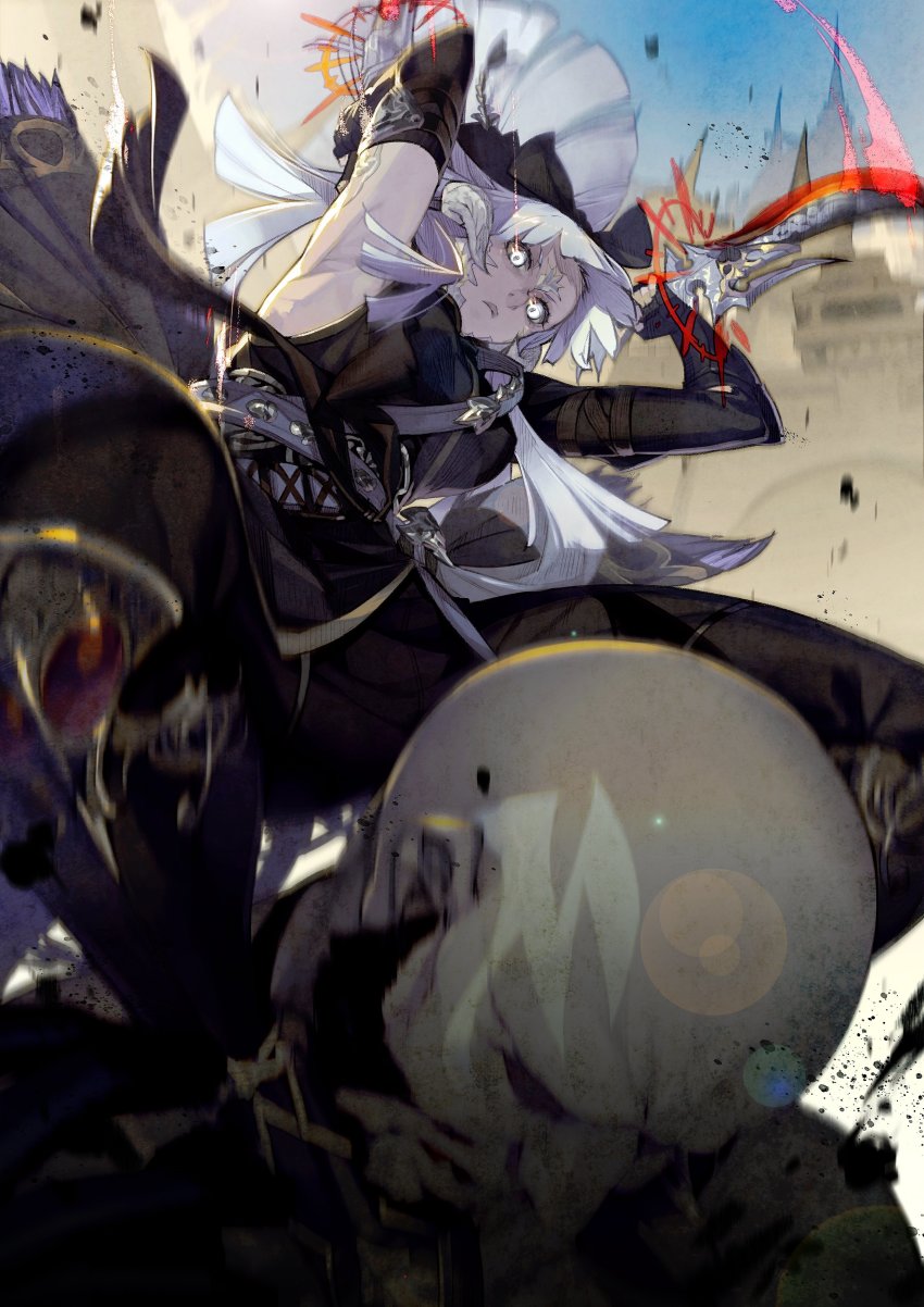 1boy 1girl absurdres armpits arms_up assassination au_ra bald black_blood black_gloves blood blunt_bangs blurry castle closed_mouth colored_blood dagger death dual_wielding elbow_gloves facial_hair facial_mark final_fantasy final_fantasy_xiv fingerless_gloves gloves glowing glowing_eyes glowing_weapon grey_horns highres holding holding_dagger holding_knife holding_weapon horns knife kyo_(kuroichigo) long_hair murder ninja ninja_(final_fantasy) outdoors shaded_face solo_focus warrior_of_light_(ff14) weapon white_eyes white_hair