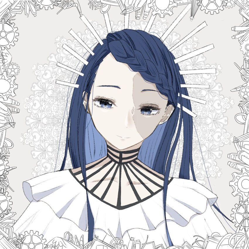 1girl ado_(utaite) blue_eyes blue_hair braid braided_bangs closed_mouth collarbone commentary dress gira-gira-chan_(ado) gira_gira grey_hair highres long_hair solo tanake_(tanakei_ado) upper_body white_dress