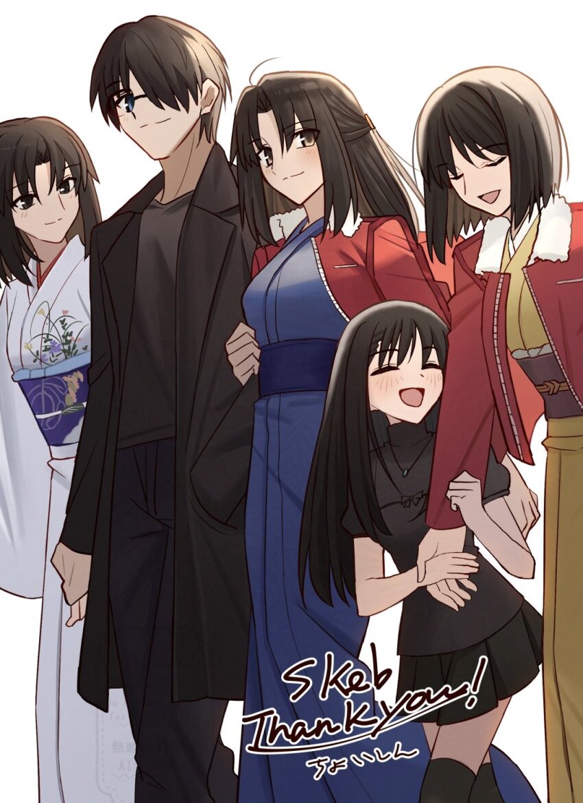 1boy 4girls black_eyes black_hair black_pants black_shirt black_skirt blue_eyes breasts family father_and_daughter highres holding_hands husband_and_wife kara_no_kyoukai kokutou_mikiya long_hair mother_and_daughter multiple_girls pants ryougi_mana ryougi_shiki ryougi_shiki_(male_persona) ryougi_shiki_(third_ascension) shintyoi2 shirt signature skirt yellow_eyes