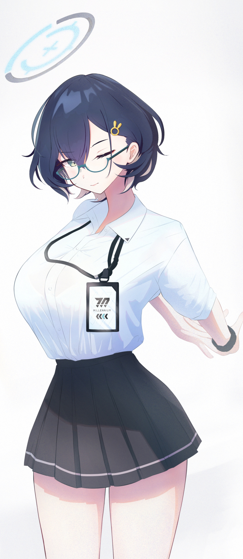 1girl ;) absurdres aqua-framed_eyewear black_skirt blue_archive blue_eyes blue_hair blue_halo breasts chihiro_(blue_archive) closed_mouth collared_shirt glasses hair_ornament halo hands_behind highres id_card large_breasts makolas97 medium_hair one_eye_closed pleated_skirt semi-rimless_eyewear shadow shirt shirt_tucked_in skirt smile solo stretching white_background white_shirt