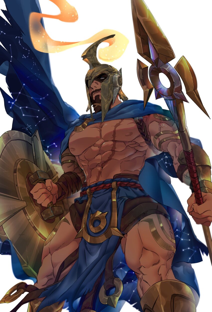 1boy abs aquarius_(constellation) bandaged_arm bandages bara beard belt biceps boots cancer_(constellation) cape capricorn_(constellation) constellation constellation_print facial_hair gauntlets gemini_(constellation) highres holding holding_polearm holding_shield holding_weapon large_pectorals league_of_legends left-handed leo_(constellation) libra_(constellation) loincloth looking_ahead mag_cora_imparo male_focus manly mature_male muscular muscular_arms muscular_legs muscular_male nipples pantheon_(league_of_legends) pectorals polearm sagittarius_(constellation) scorpius_(constellation) shield simple_background solo spear taurus_(constellation) thighs topless_male veins vulpecula_(constellation) weapon white_background