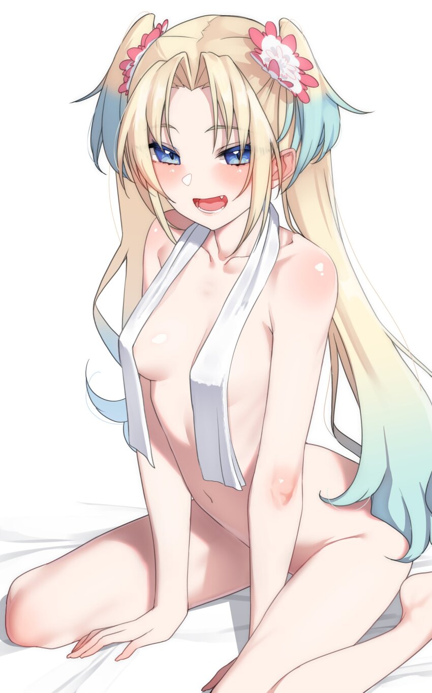1girl :d absurdres areola_slip blonde_hair blue_hair breasts commentary completely_nude fang flower gradient_hair hair_flower hair_ornament highres link!_like!_love_live! looking_at_viewer love_live! lower_teeth_only medium_breasts multicolored_hair nasuno_(nasuno42) navel nude open_mouth osawa_rurino simple_background smile solo teeth towel towel_around_neck two_side_up virtual_youtuber white_background
