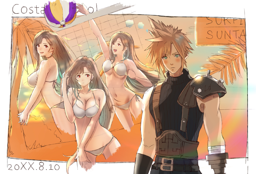 1boy 1girl absurdres armor ball bare_shoulders beach beachball belt belt_buckle bikini black_hair blonde_hair blue_eyes blush breasts breasts_squeezed_together buckle cloud_strife commentary_request cowboy_shot earrings final_fantasy final_fantasy_vii final_fantasy_vii_remake highres jewelry jumping large_breasts long_hair multiple_belts multiple_views navel ocean palm_tree red_eyes shimamiyako shoulder_armor side-tie_bikini_bottom single_earring sleeveless sleeveless_turtleneck spiked_hair stomach suspenders sweater swimsuit tifa_lockhart tree turtleneck turtleneck_sweater upper_body white_bikini
