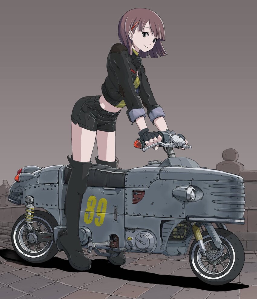 1girl black_gloves black_jacket black_shorts blunt_ends boots brick_road closed_mouth cropped_jacket fingerless_gloves gloves hair_ornament hairclip handlebar highres jacket midriff motor_vehicle motorcycle open_clothes open_jacket original rivets science_fiction short_shorts shorts sleeves_rolled_up solo sukabu thigh_boots