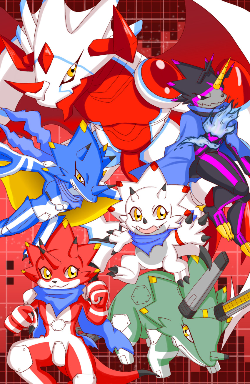 betelgammamon canoweissmon digimon dinosaur_boy dragon fang gammamon gulusgammamon highres kausgammamon scarf triceratops wezengammamon yellow_eyes
