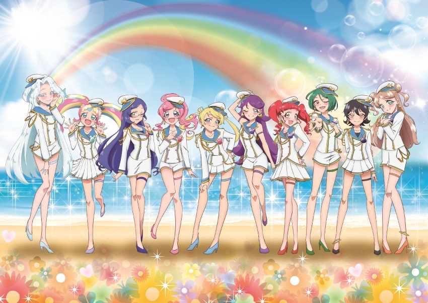6+girls :3 ;) ;d akagi_anna anklet aoba_rinka arm_behind_back armlet beach black_hair blonde_hair blue_eyes brown_hair closed_mouth collarbone colored_eyelashes daia_(pri_chan) day drill_hair full_body glasses green_eyes green_hair grey_eyes hair_intakes hand_on_own_hip hand_on_own_knee hat high_heels high_ponytail highres index_finger_raised jacket jewelry kanamori_maria kiratto_pri_chan kurokawa_suzu leaning_forward long_hair long_sleeves midorikawa_sara miniskirt moegi_emo momoyama_mirai multicolored_hair multiple_girls ocean official_art one_eye_closed open_mouth outdoors outstretched_arm outstretched_hand pink_hair pleated_skirt ponytail pretty_series purple_hair rainbow reaching reaching_towards_viewer red_eyes red_hair shido_mel shiratori_anju short_hair short_shorts shorts skindentation skirt sleeveless sleeveless_jacket smile sparkle standing standing_on_one_leg summer sunlight thigh_strap twin_drills twintails very_long_hair white_hair white_hat white_jacket white_shorts white_skirt yellow_eyes