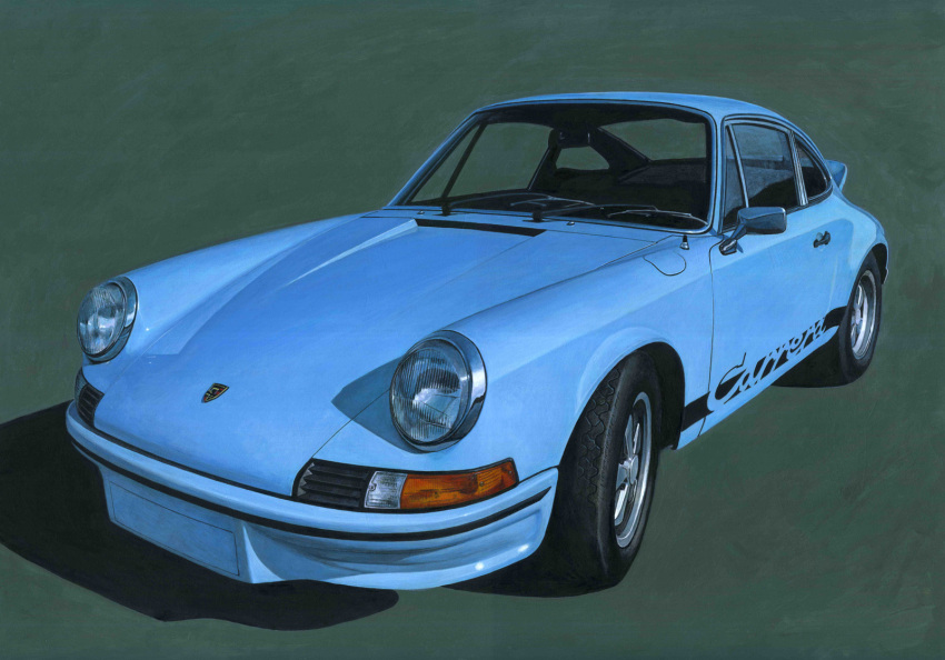 ape_(logo1113) aqua_car car colored_pencil_(medium) green_background highres motor_vehicle no_humans original porsche porsche_911 porsche_911_(classic) shadow simple_background traditional_media vehicle_focus