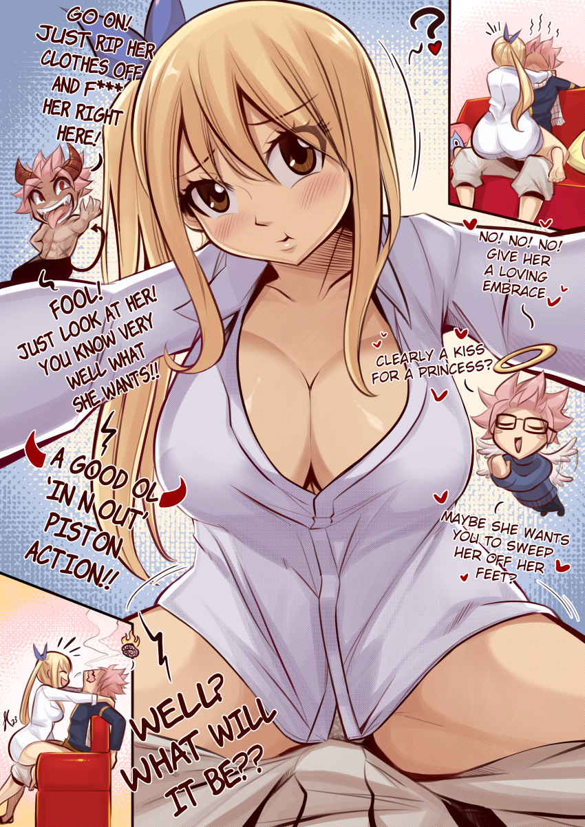 1boy 1girl ? absurdres angel_and_devil bespectacled blue_background blue_ribbon blush breasts brown_eyes brown_panties cleavage collarbone commentary couch english_commentary english_text fairy_tail glasses hair_ribbon halo hetero highres horns joshdinobarney large_breasts long_hair long_sleeves looking_at_viewer lucy_heartfilia multiple_views natsu_dragneel on_couch panties pout pov pov_crotch red_hair red_horns ribbon shirt sitting straddling traditional_halo underwear white_shirt