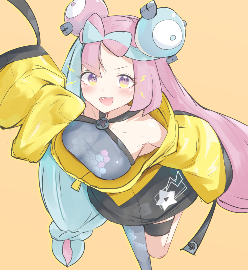 bow-shaped_hair breasts character_hair_ornament creatures_(company) fake_hair_bun game_freak grey_pantyhose hair_ornament hexagon_print highres iono_(pokemon) jacket large_breasts long_hair low-tied_long_hair multicolored_hair nintendo oversized_clothes pantyhose pokemon pokemon_sv retang_8 sharp_teeth single_leg_pantyhose sleeves_past_fingers sleeves_past_wrists split-color_hair teeth two-tone_hair very_long_sleeves x yellow_jacket