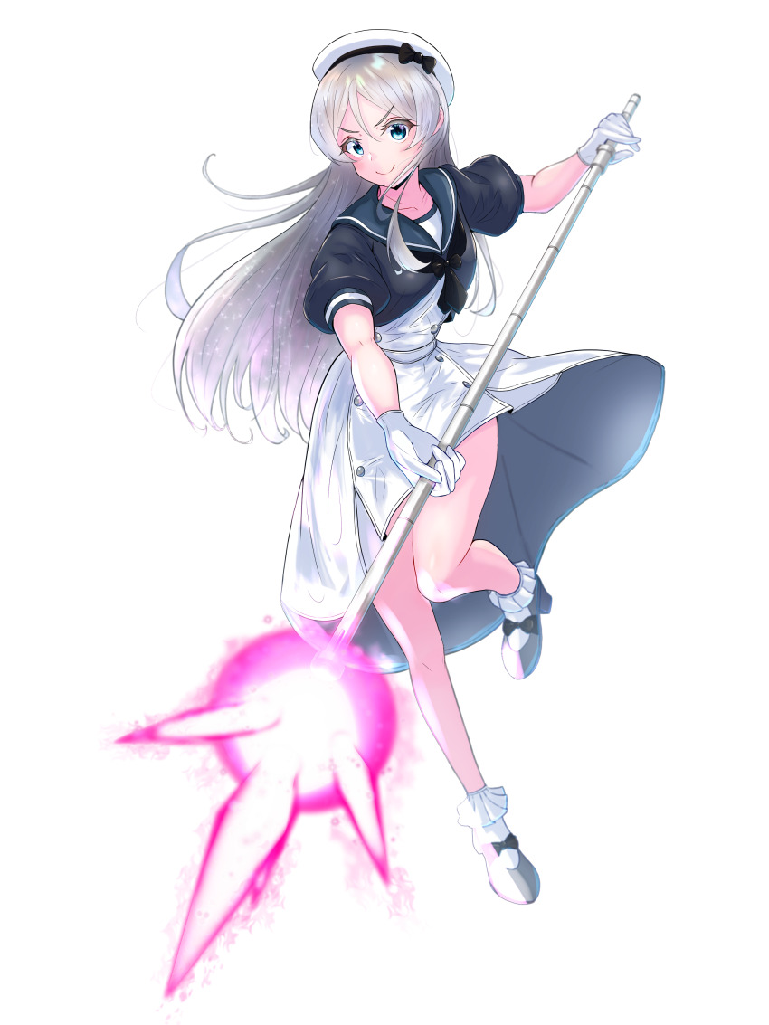 1girl absurdres black_jacket black_neckerchief blue_eyes blue_sailor_collar dress full_body gloves grey_hair hat highres holding holding_polearm holding_weapon jacket javelin_(kancolle) kantai_collection logo long_hair looking_at_viewer neckerchief polearm sailor_collar sailor_hat short_sleeves simple_background smile socks solo spear twitter_username v-shaped_eyebrows weapon white_background white_dress white_gloves white_hat white_socks yoko_hata