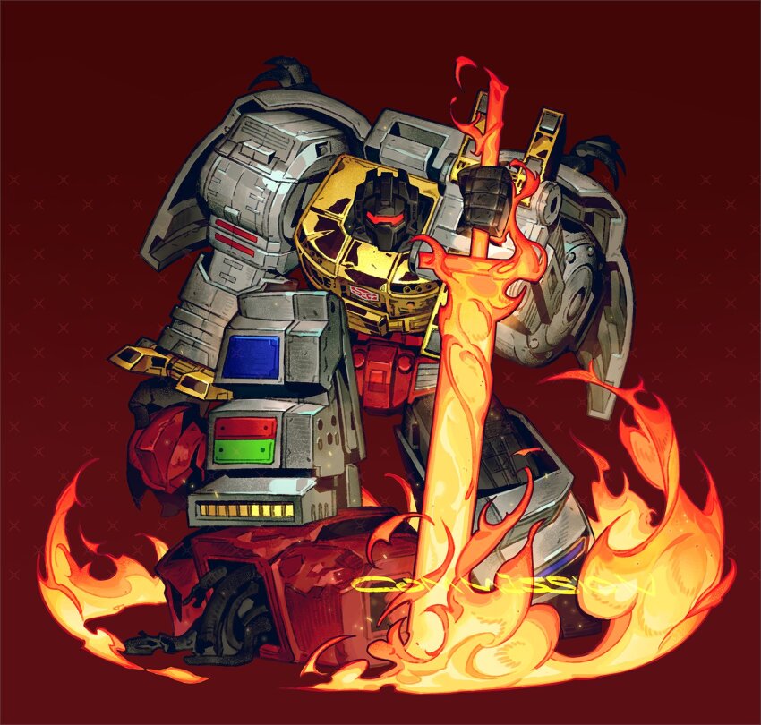 autobot fire flaming_sword flaming_weapon gdtd_tf grimlock helmet highres humanoid_robot insignia mecha mecha_focus no_humans red-framed_eyewear red_background robot science_fiction sword transformers transformers:_generation_1 weapon