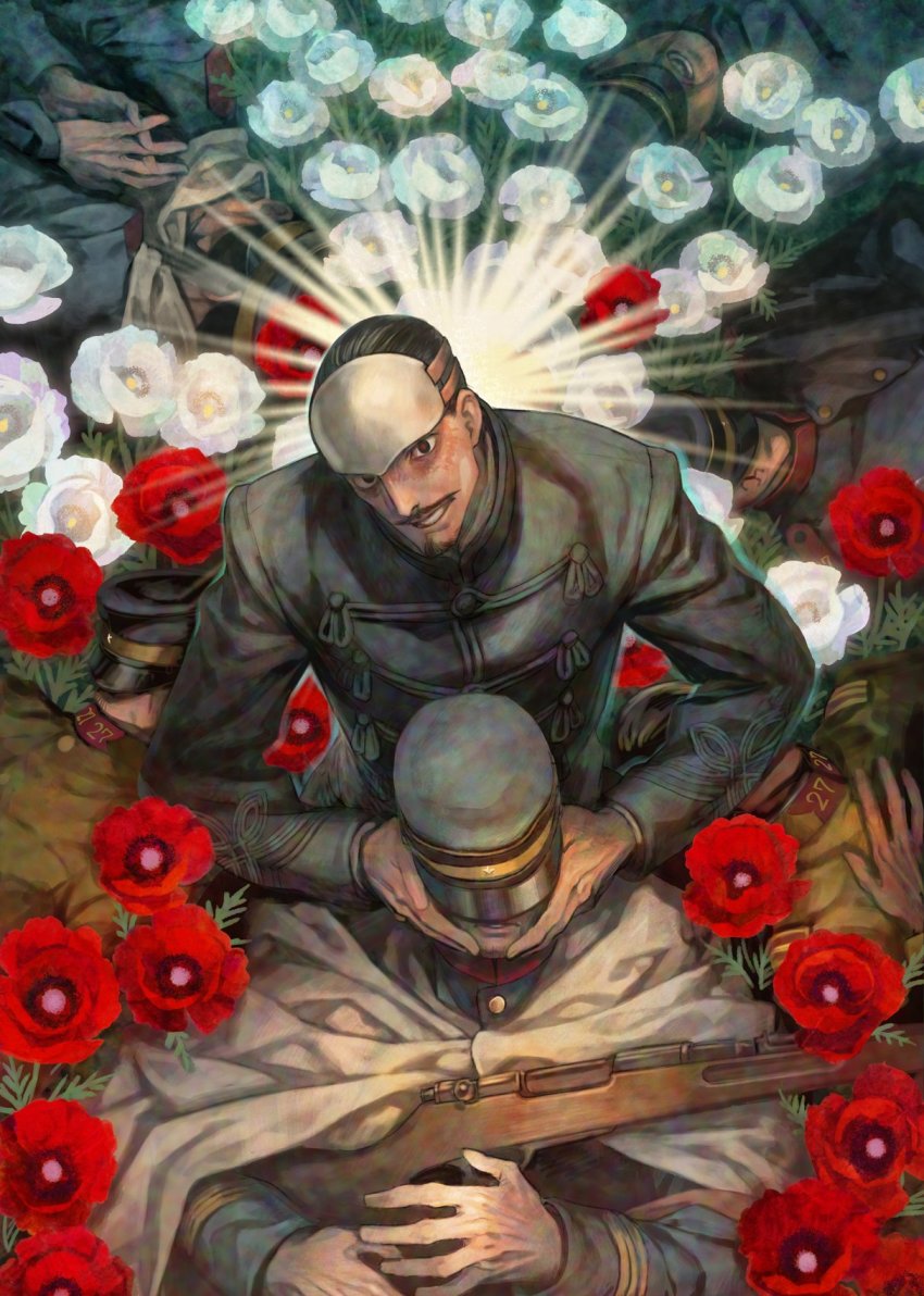 6+boys azuma_toh black_gloves black_hair cape corpse facial_hair flower forehead_protector gloves goatee golden_kamuy hair_slicked_back hanazawa_yusaku hat highres kepi long_sleeves looking_at_viewer male_focus military military_hat military_uniform multiple_boys mustache red_flower tsurumi_tokushirou white_flower