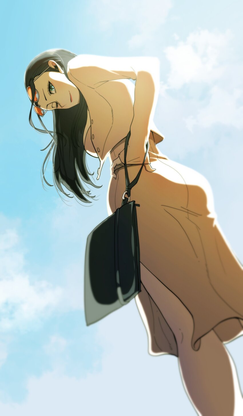 1girl absurdres black_hair closed_mouth commentary_request dongtan_dress dress dutch_angle eyelashes eyewear_on_head floating_hair hand_on_own_hip highres korean_commentary long_hair long_sleeves looking_back meme_attire nico_robin one_eye_closed one_piece orange-tinted_eyewear outdoors short_eyebrows side_slit smile solo tinted_eyewear user_wgtw7488