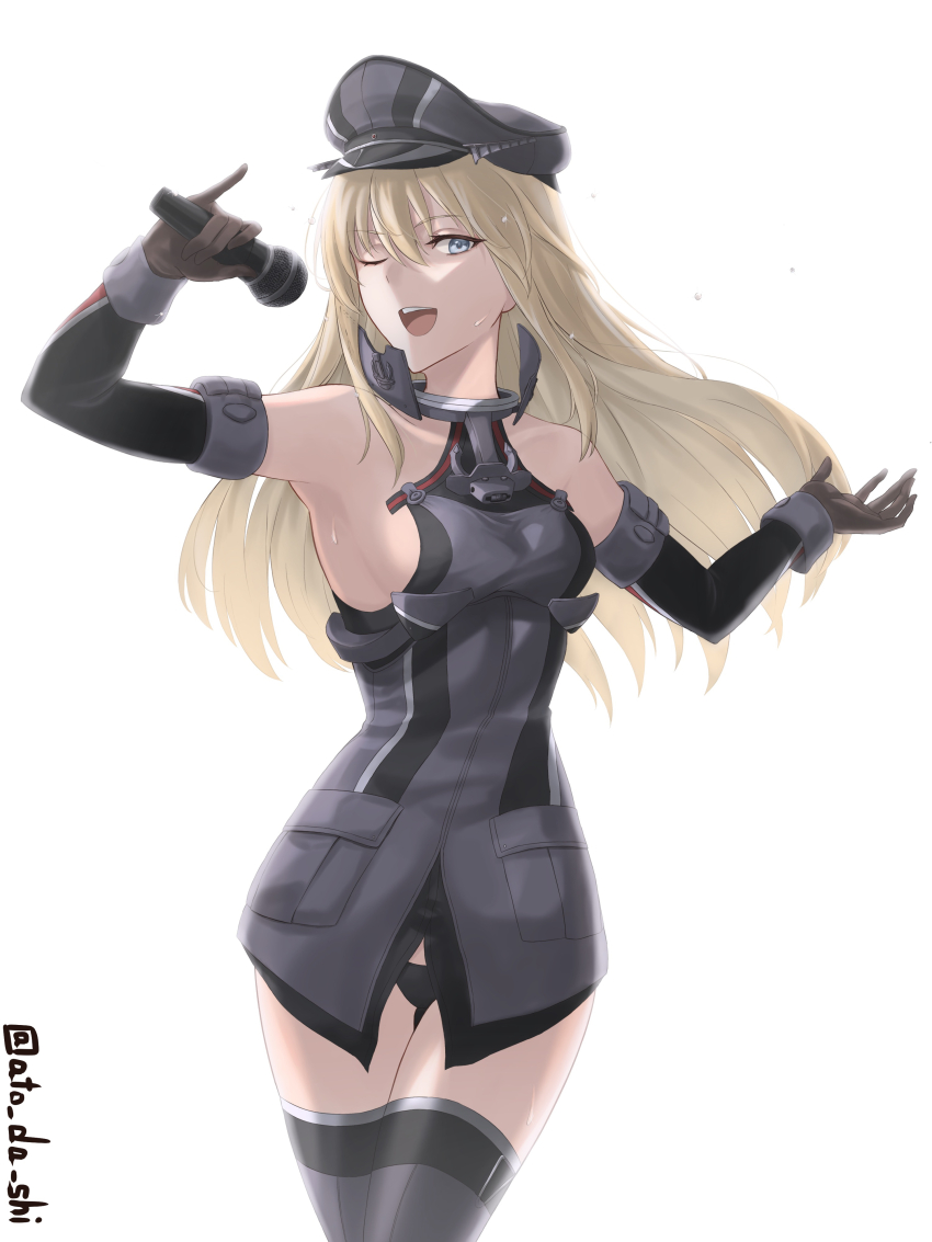 1girl absurdres anchor_choker atodashi bare_shoulders bismarck_(kancolle) black_panties blonde_hair blue_eyes breasts brown_gloves cowboy_shot detached_sleeves front_slit gloves grey_thighhighs hair_between_eyes hat highres holding holding_microphone kantai_collection large_breasts long_hair looking_at_viewer microphone military military_uniform one_eye_closed open_mouth panties peaked_cap solo standing thighhighs underwear white_background