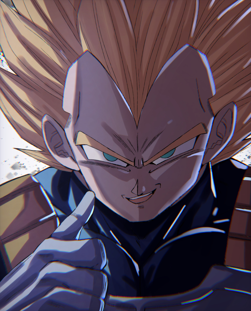 1boy absurdres blonde_hair blue_shirt chiro_illust commentary_request dragon_ball gloves green_eyes highres male_focus medium_hair nose partial_commentary portrait saiyan_armor shirt smile solo spiked_hair splatter super_saiyan super_saiyan_1 teeth tongue upper_teeth_only v-shaped_eyebrows vegeta white_background white_gloves
