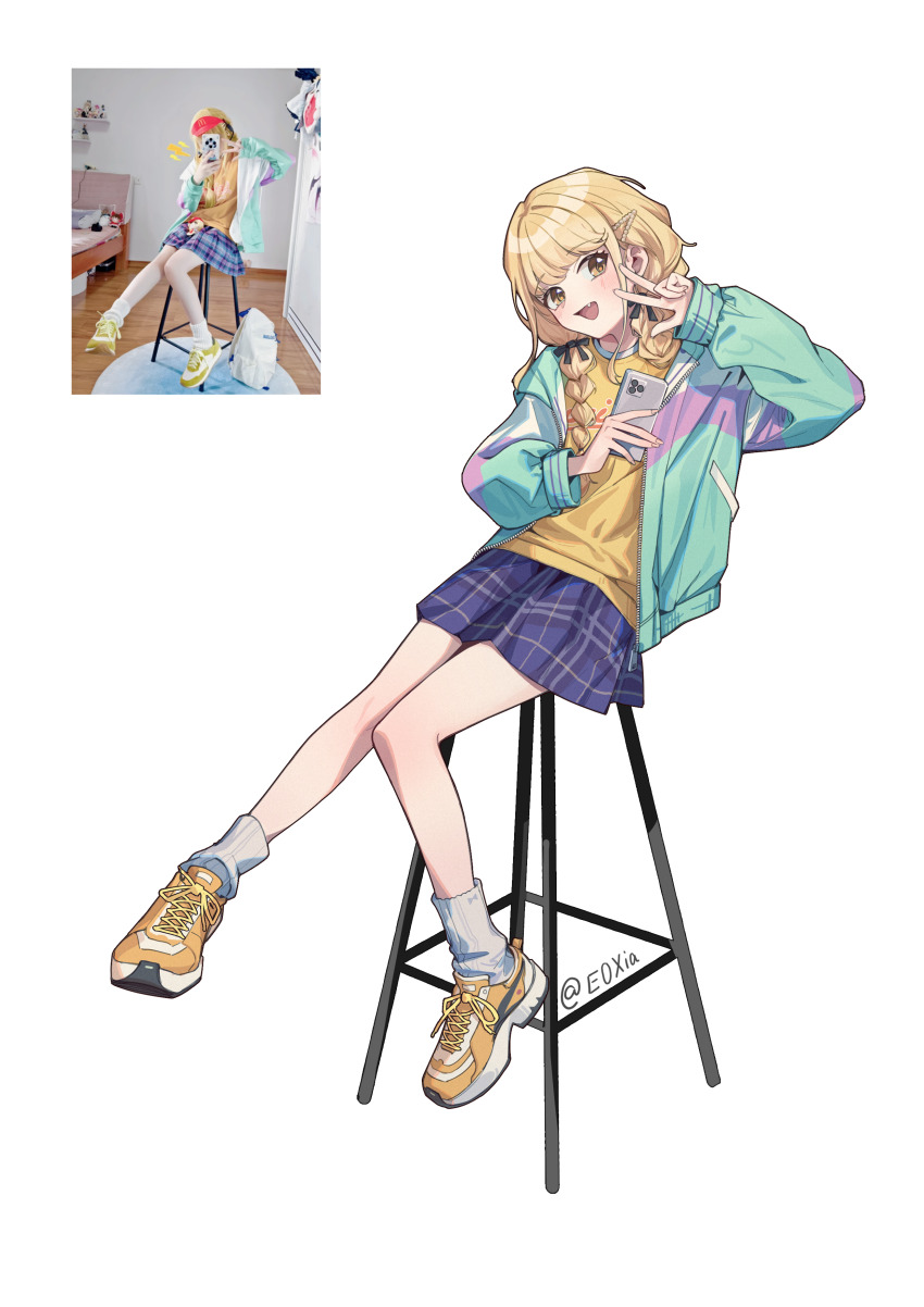 1girl absurdres black_ribbon blonde_hair blue_skirt braid cellphone commentary_request e0xia fang fingernails fujita_kotone full_body gakuen_idolmaster hair_ribbon highres holding holding_phone idolmaster jacket long_hair looking_at_viewer multicolored_jacket on_chair open_clothes open_jacket partial_commentary phone photo-referenced plaid_clothes plaid_skirt reference_inset ribbon shirt shoes simple_background sitting skin_fang skirt sneakers socks twin_braids twitter_username w white_background white_socks yellow_eyes yellow_shirt yellow_shoes