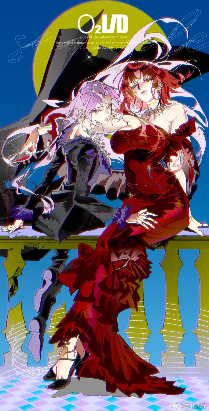 2girls black_dress breasts chest_jewel collarbone colored_shoe_soles cup dress drinking_glass evening_gown fingernails full_body gem hand_on_another&#039;s_thigh head_tilt high_heels highres large_breasts long_hair looking_back moon multiple_girls neck original parted_bangs pointy_ears purple_hair red_dress red_gemstone red_hair red_skirt short_hair sitting skirt soles very_long_hair wine_glass witch yanghua_gaizi