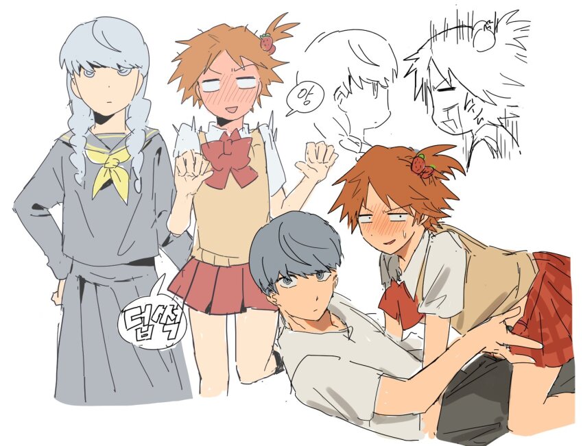 2boys blush brown_hair crossdressing food-themed_hair_ornament grey_hair hair_ornament hanamura_yousuke implied_yaoi looking_at_viewer multiple_boys narukami_yu nt_26 on_person persona persona_4 skirt strawberry_hair_ornament yaoi