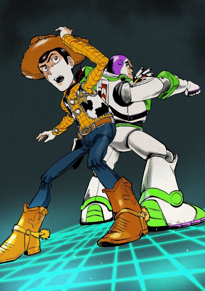 2boys animal_print belt boots brown_eyes buzz_lightyear cow_print cowboy_hat denim hat helmet highres holster male_focus multiple_boys open_mouth sheriff_woody space_helmet spacesuit spurs tile_floor tiles toy_story vest yozudami