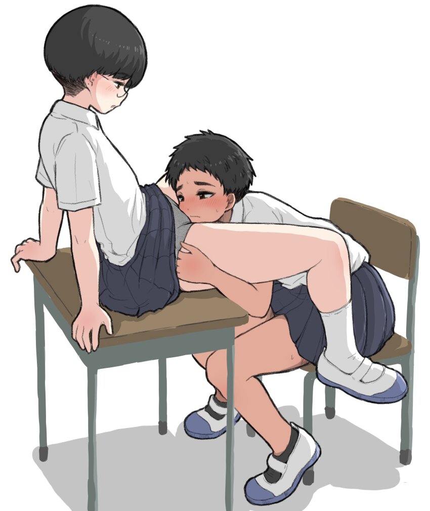 2girls black_hair blush bowl_cut desk face_in_crotch glasses hand_in_panties highres imminent_cunnilingus multiple_girls nervous noe_aoikaba on_desk open_mouth original panties pixie_cut school_uniform shoes sitting smelling smelling_pussy spread_legs tan tomboy underwear uwabaki yuri